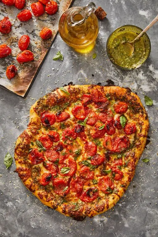 Pesto and Cherry Tomato Lowfat Pizza