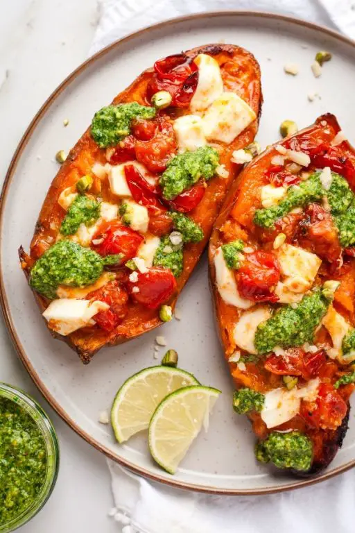 Pesto and Mozzarella Stuffed Sweet Potatoes