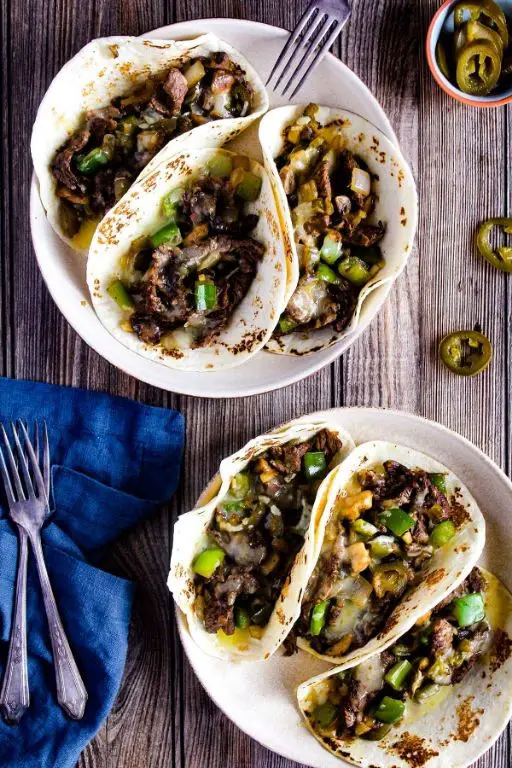 Philly Cheesesteak Tacos with Avocado Crema
