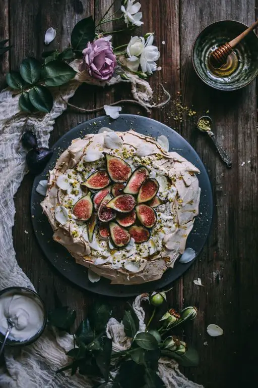 Pistachio Rosewater Pavlova with Edible Flowers