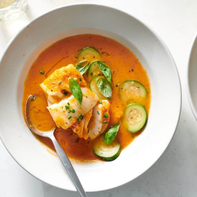 Poached Cod in Tomato Basil Broth
