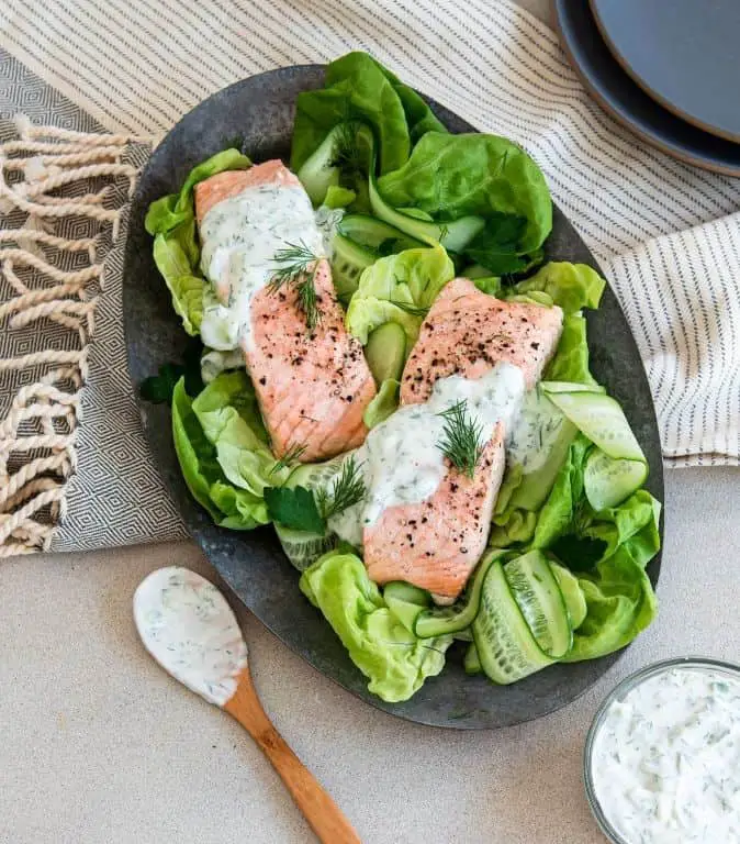 Poached Salmon with Cucumber Dill Salad