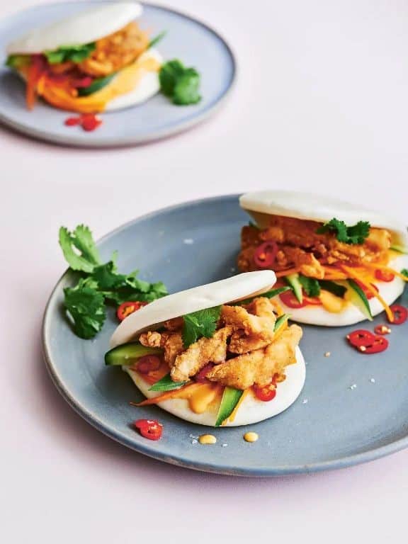 Popcorn Chicken Bao Buns with Hoisin Sauce