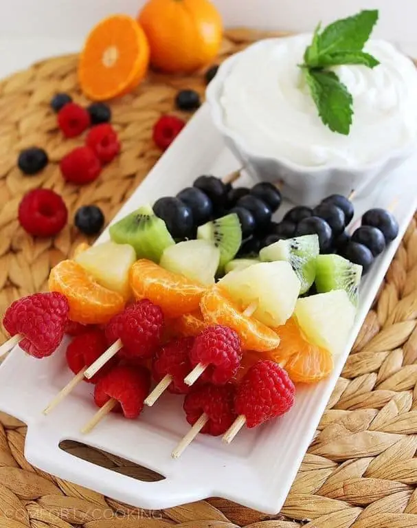 Rainbow Fruit Skewers with Honey Yogurt Dip