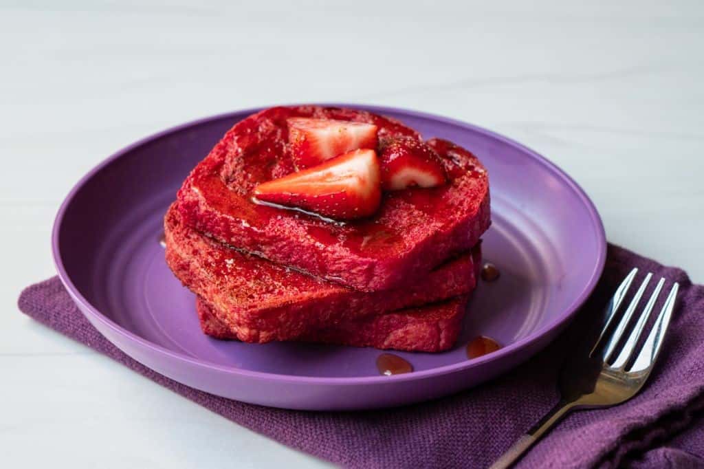 Red Velvet Cake Mix French Toast with Strawberry Syrup