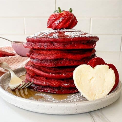 Red Velvet Cake Mix Pancakes with Maple Syrup