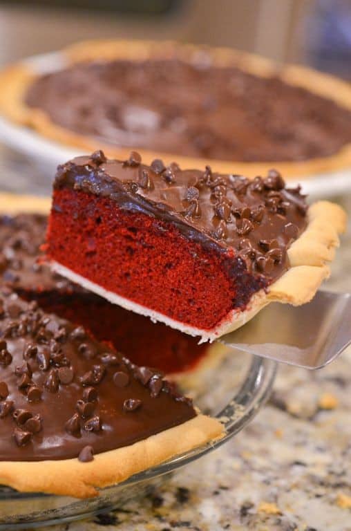 Red Velvet Cake Mix Pie with Chocolate Ganache