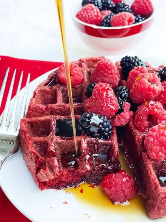 Red Velvet Cake Mix Waffles with Fresh Berries