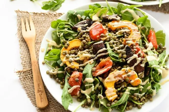Roasted Vegetable Lentil Salad with Lemon Tahini Dressing
