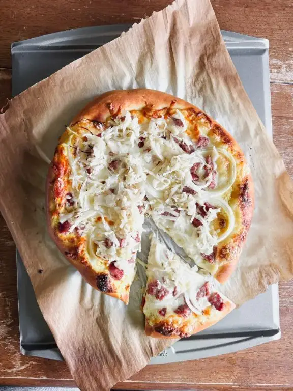 Sausage and Sauerkraut Flatbread with Mustard Drizzle