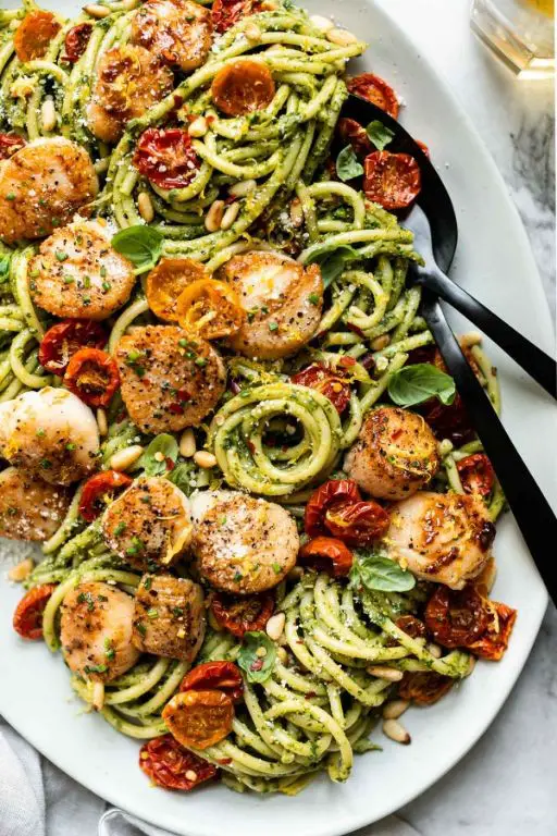 Scallop Pesto Pasta with Pine Nuts