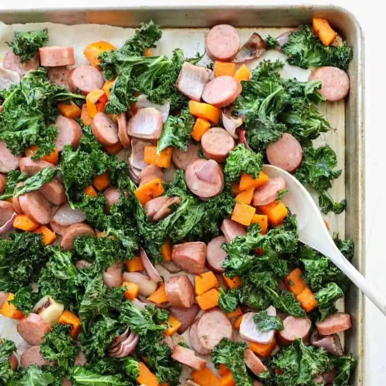 Sheet Pan Chicken Sausage and Kale Bake