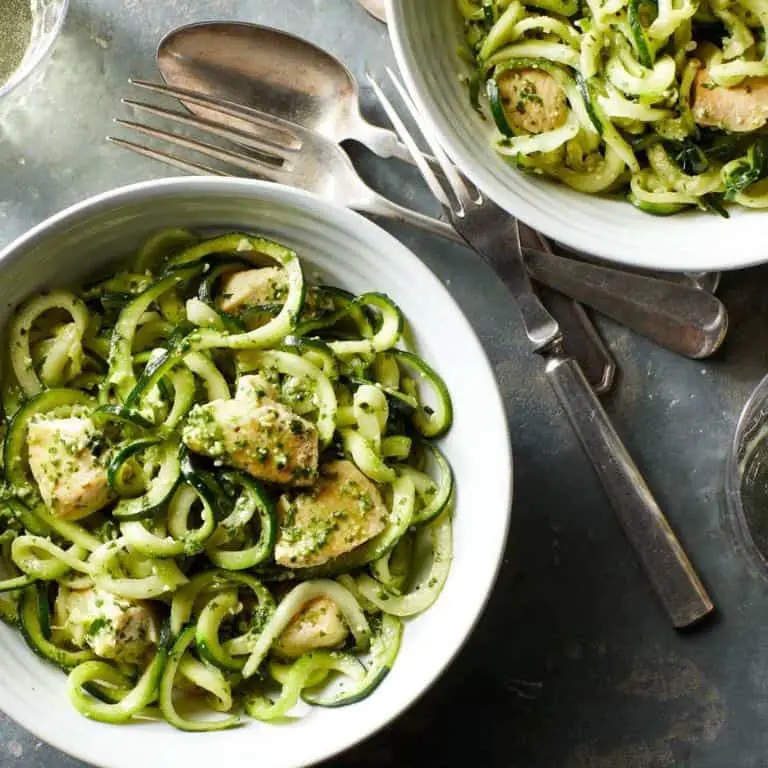 Shredded Chicken Zucchini Noodles with Pesto