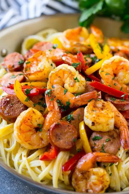 Shrimp and Sausage Pasta with Roasted Red Peppers