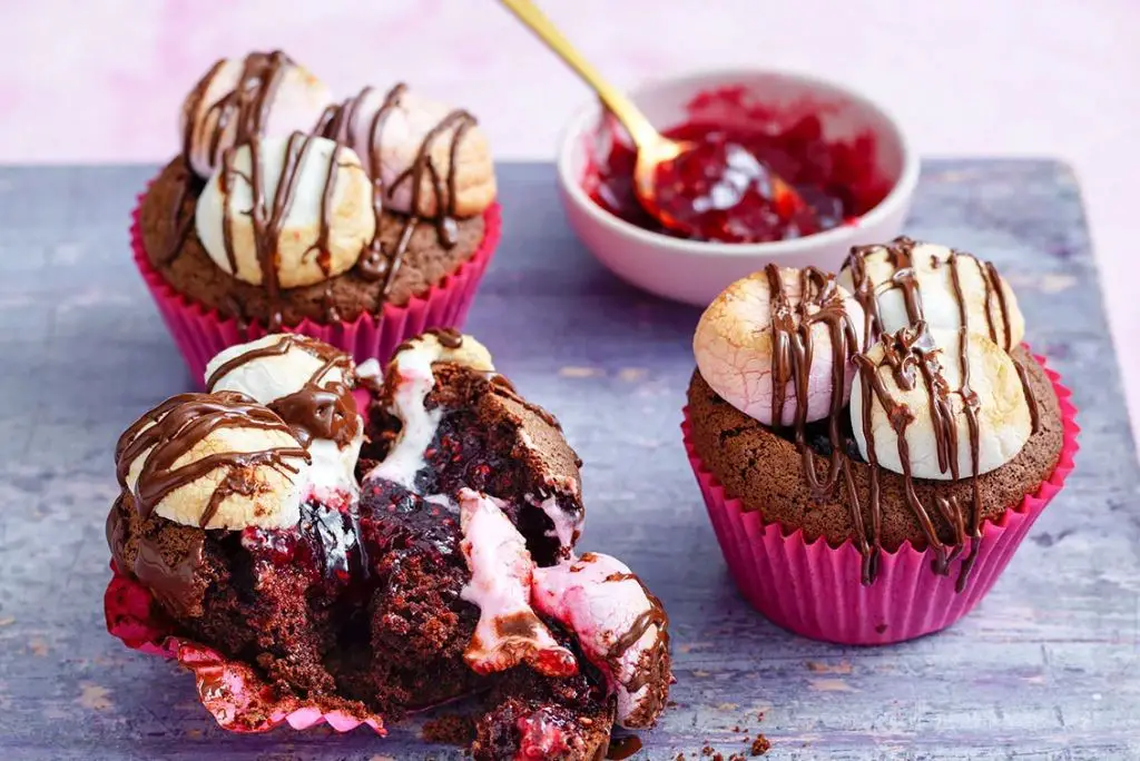 Smores Cupcakes with Raspberry Jam Swirl