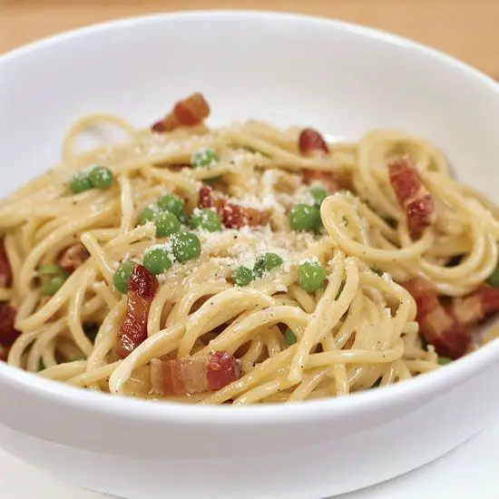 Spaghetti Carbonara with Pancetta and Peas