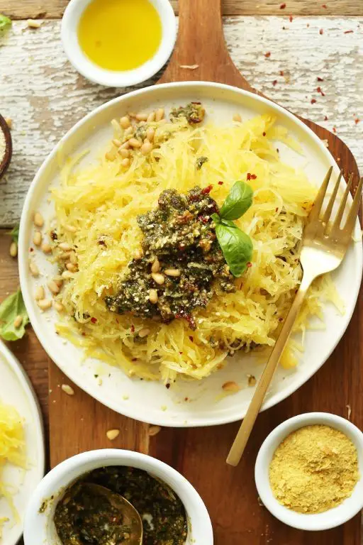 Spaghetti Squash Pasta with Pesto and Pine Nuts