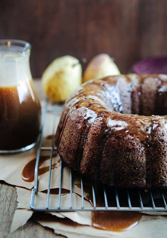 Spiced Pear and Walnut Cake with Caramel Glaze
