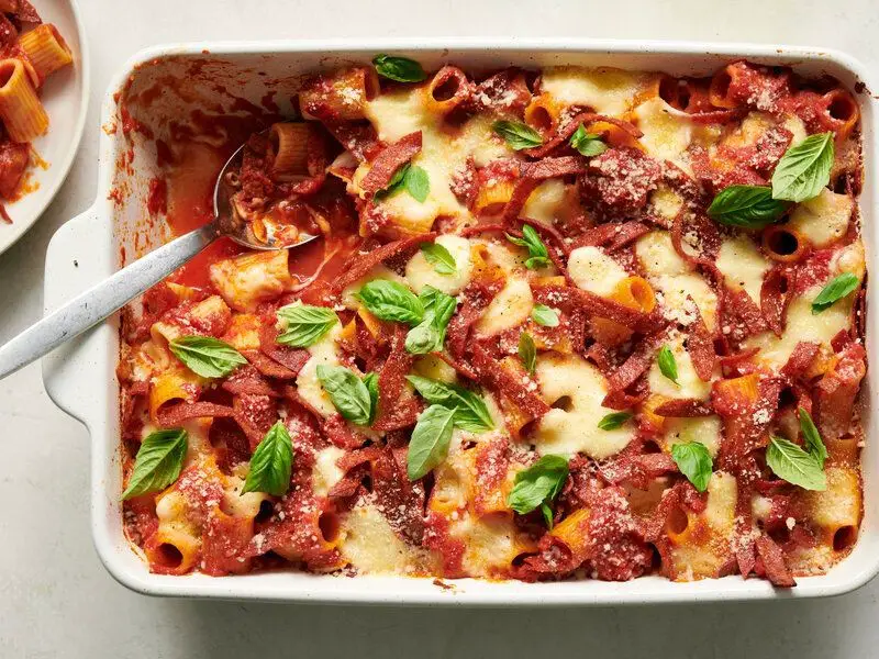 Spicy Baked Mostaccioli with Pepperoni