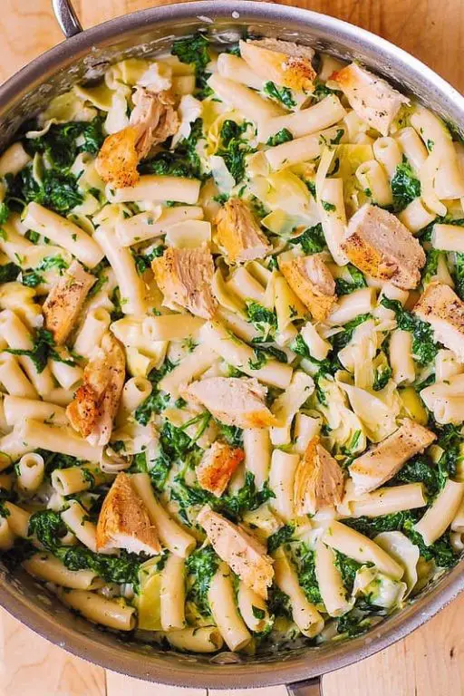 Spicy Chicken Pasta with Spinach and Artichokes
