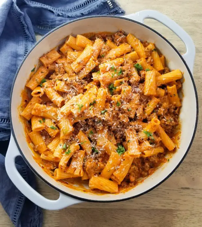 Spicy Sausage Ragu Alfredo Rigatoni