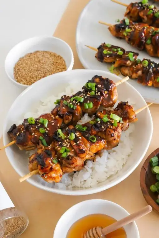 Sticky Honey Sriracha Chicken Skewers