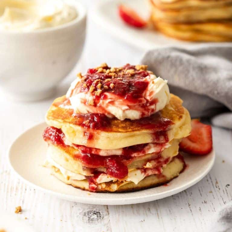 Strawberry Cheesecake Pancakes with Maple Syrup