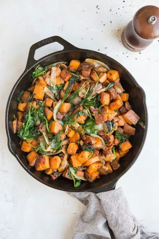 Sweet Potato Hash with Spinach and Garlic
