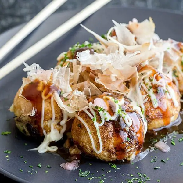 Takoyaki with Kewpie Mayo and Bonito Flakes