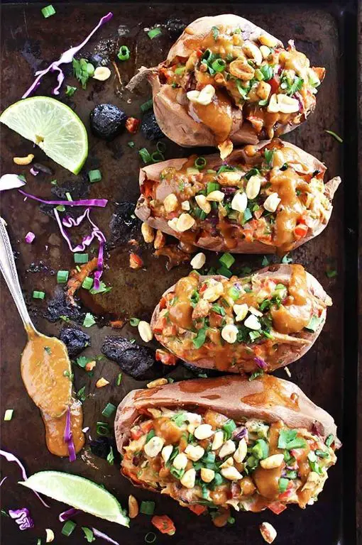 Thai Peanut Chicken Stuffed Sweet Potatoes