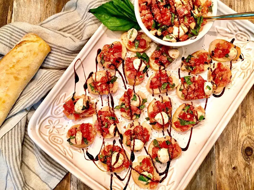 Tomato Basil Bruschetta with Mozzarella Pearls