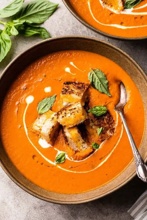 Tomato Basil Soup with Grilled Cheese Croutons