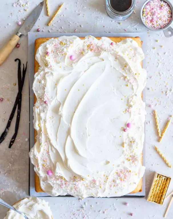 Vanilla Bean Sheet Cake with Buttercream Frosting