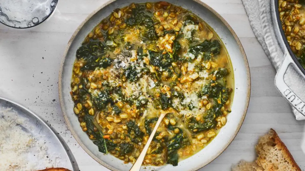 Wheat Berry and Lentil Soup with Spinach