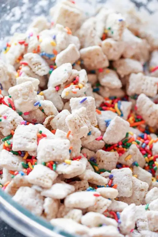 White Chocolate Muddy Buddies with Sprinkles