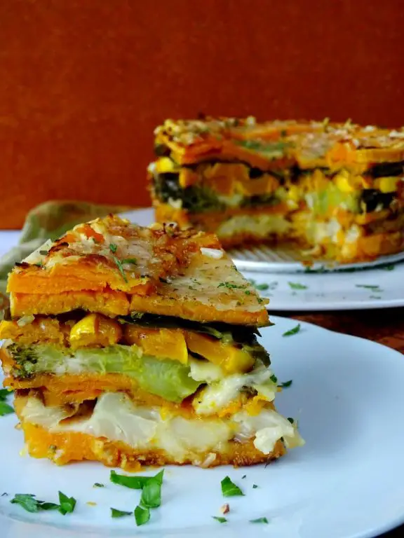 White Corn Meal Torte with Roasted Vegetables