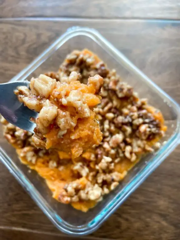 Brown Sugar Mashed Sweet Potatoes with Walnut Crunch