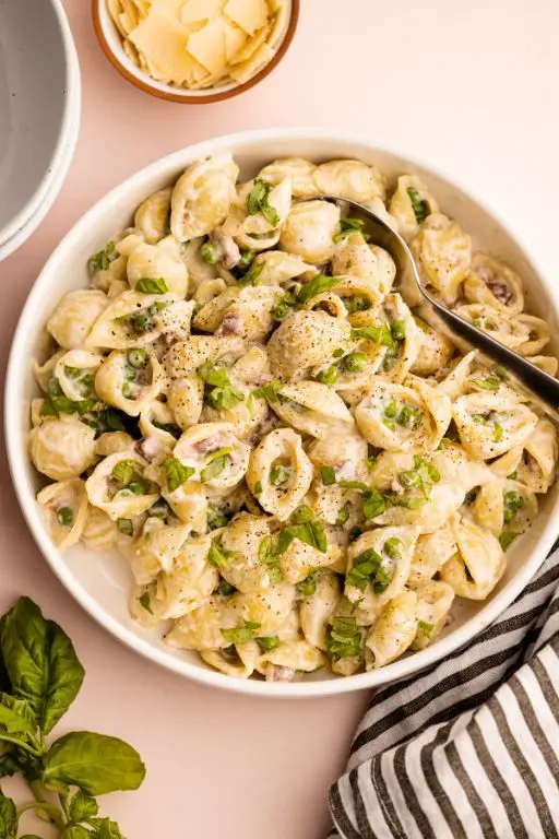 Calamarata Pasta with Pancetta and Peas