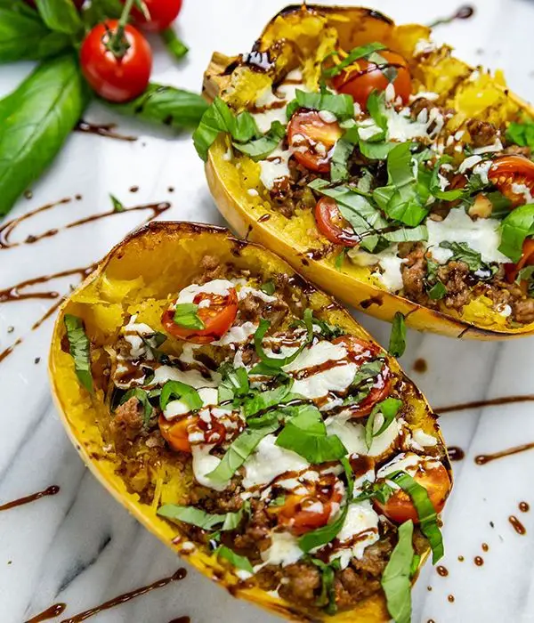 Caprese Stuffed Spaghetti Squash with Balsamic Glaze