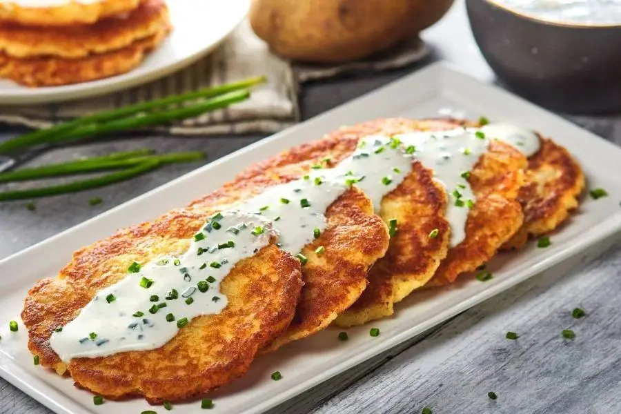 Cheesy Potato Pancakes with Sour Cream