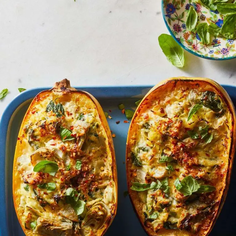 Cheesy Stuffed Spaghetti Squash with Spinach and Artichokes