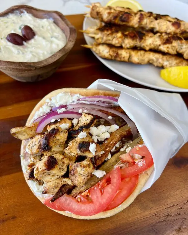 Chicken Souvlaki Wrap with Tzatziki and Red Onion