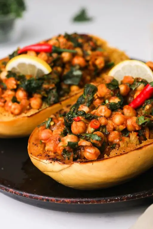 Curry-Spiced Stuffed Spaghetti Squash with Chickpeas