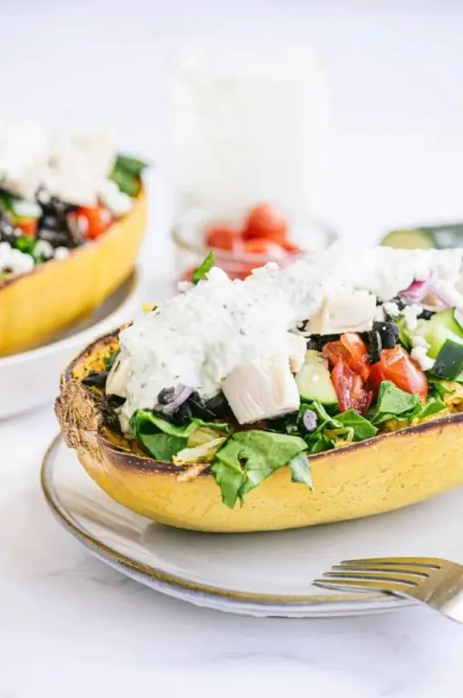 Greek Stuffed Spaghetti Squash with Tzatziki and Cucumber