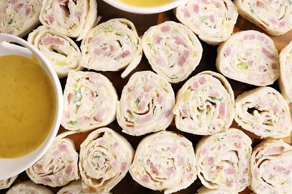 Ham and Cheese Tortilla Roll Ups with Mustard Dip