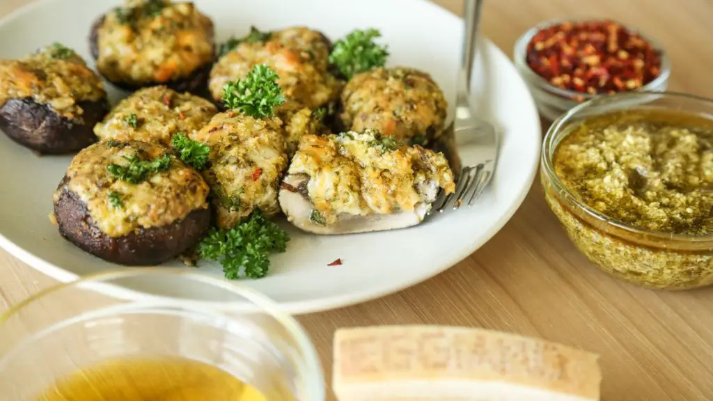 Mozzarella Ball and Pesto Stuffed Mushrooms