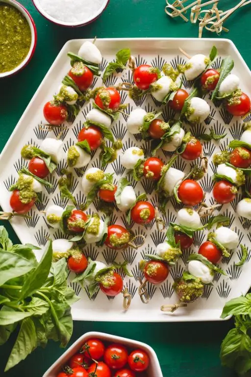 Mozzarella Ball and Tomato Skewers with Basil Pesto