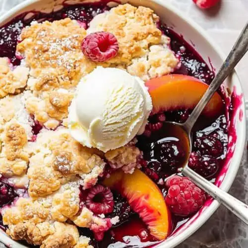 Peach and Raspberry Cobbler with a Golden Crust