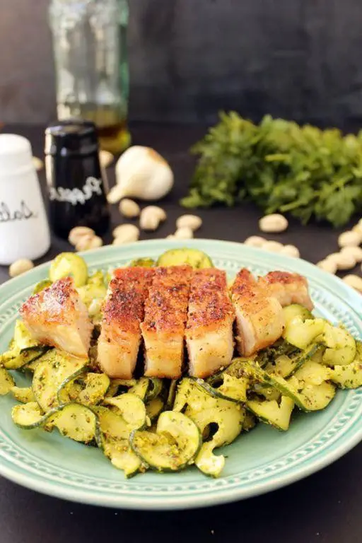 Pesto Pork Chop Skillet with Zucchini Noodles