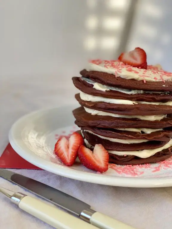 Red Velvet Pancakes with Maple Syrup
